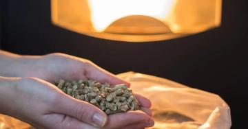 A pair of hands cupped together while holding wood pellets over a bag of pellets in front of a stove.