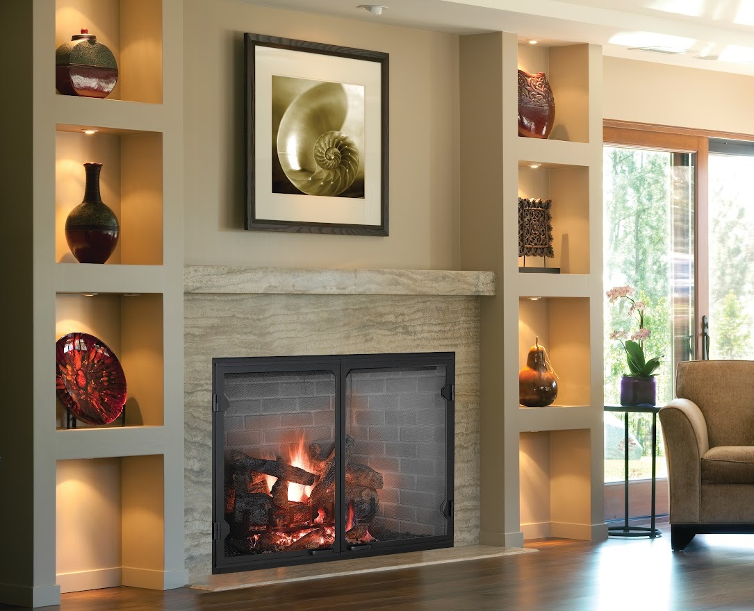 wood burning fireplace in living room