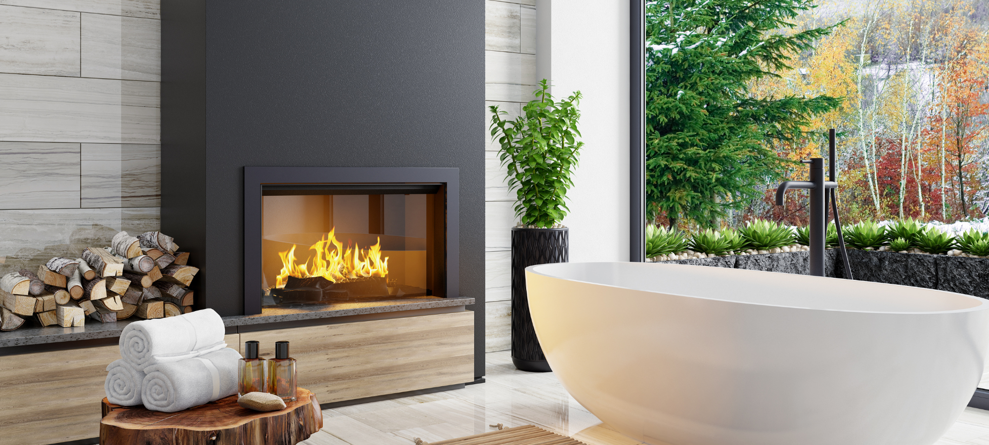 gas fireplace next to large soaking tub