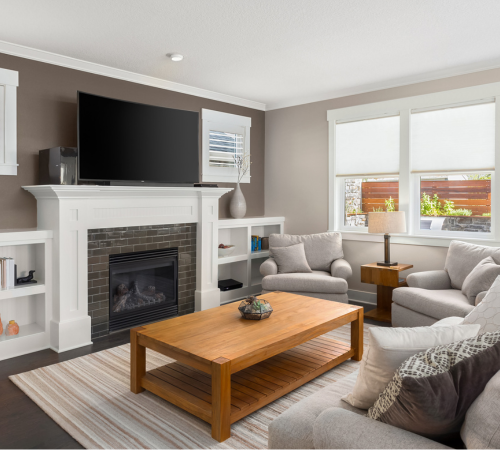 Brick tile hearth pad in living room area